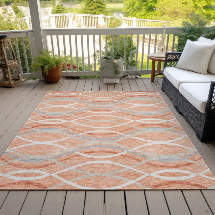 10' X 14' Peach Orange And Gray Abstract Washable Indoor Outdoor Area Rug
