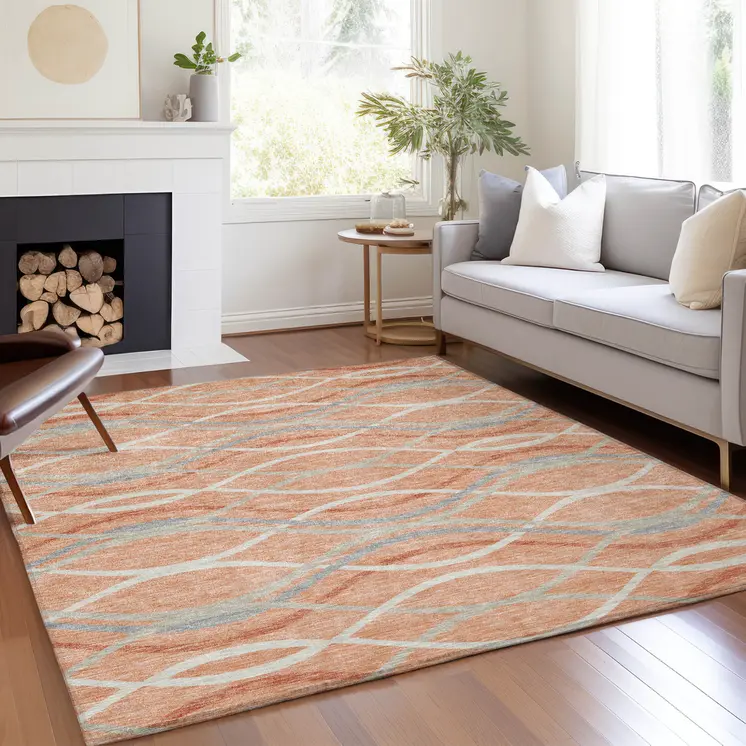 10' X 14' Peach Orange And Gray Abstract Washable Indoor Outdoor Area Rug