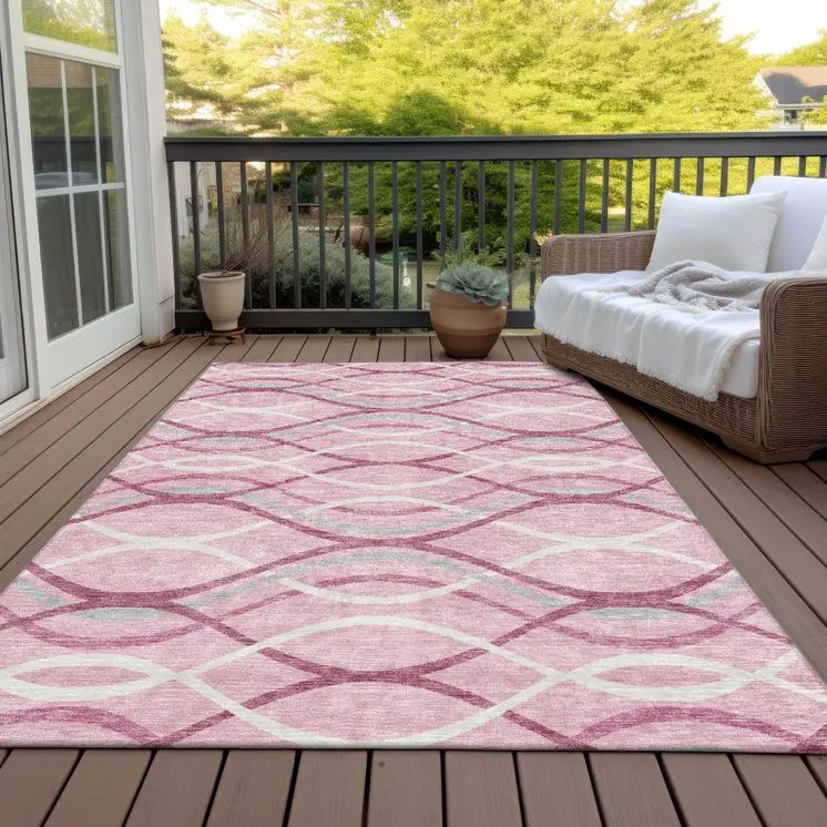 5' X 8' Pink Mauve And Ivory Abstract Washable Indoor Outdoor Area Rug