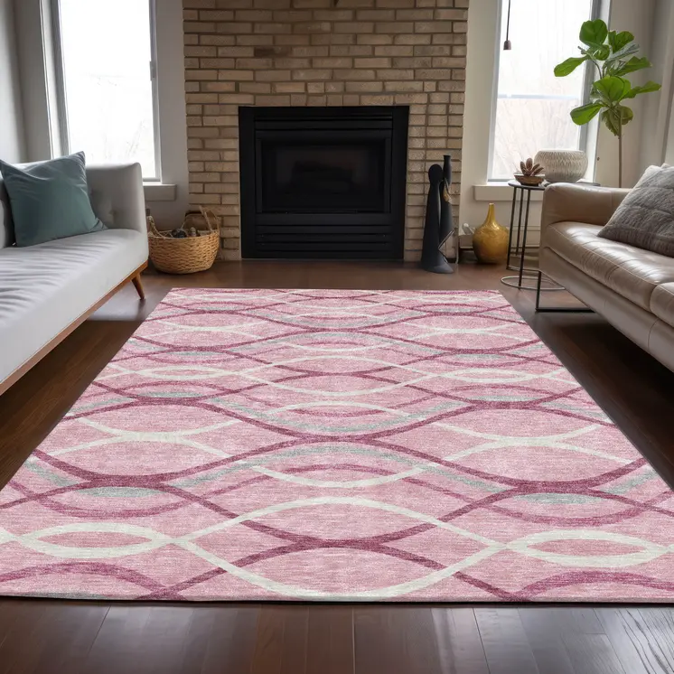 5' X 8' Pink Mauve And Ivory Abstract Washable Indoor Outdoor Area Rug