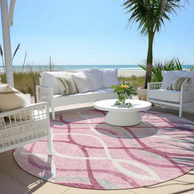 8' Pink Mauve And Ivory Round Abstract Washable Indoor Outdoor Area Rug