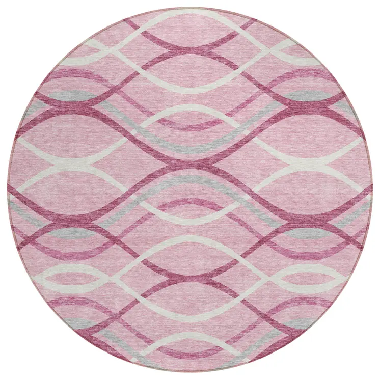 8' Pink Mauve And Ivory Round Abstract Washable Indoor Outdoor Area Rug