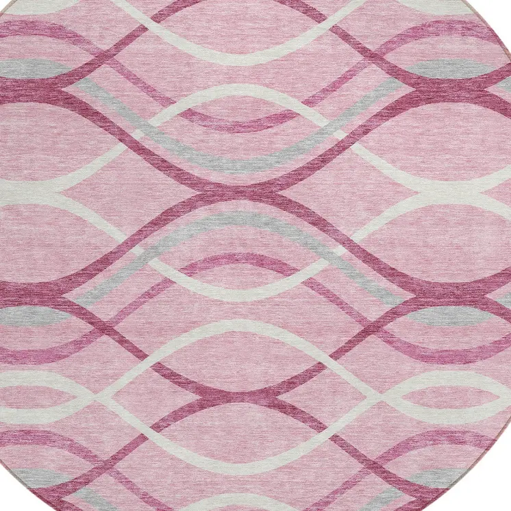 8' Pink Mauve And Ivory Round Abstract Washable Indoor Outdoor Area Rug