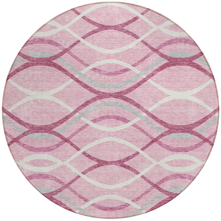 8' Pink Mauve And Ivory Round Abstract Washable Indoor Outdoor Area Rug