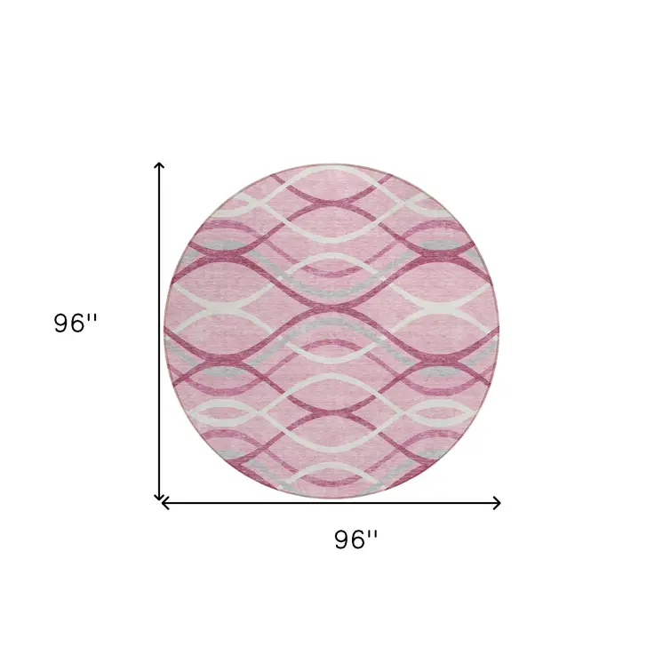 8' Pink Mauve And Ivory Round Abstract Washable Indoor Outdoor Area Rug