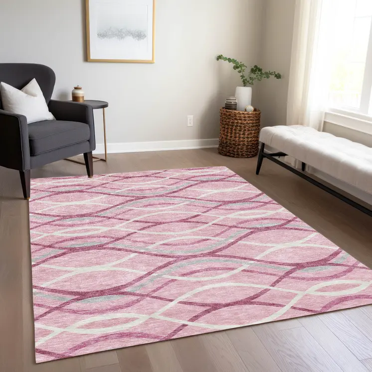 10' X 14' Pink Mauve And Ivory Abstract Washable Indoor Outdoor Area Rug