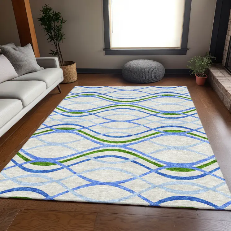 3' X 5' Sky Blue And Beige Abstract Washable Indoor Outdoor Area Rug