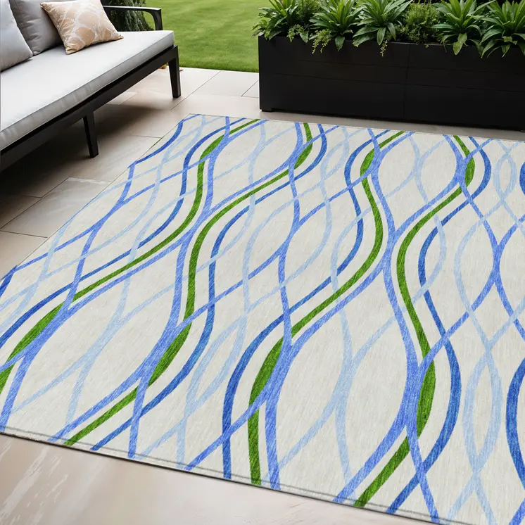 5' X 8' Sky Blue And Beige Abstract Washable Indoor Outdoor Area Rug