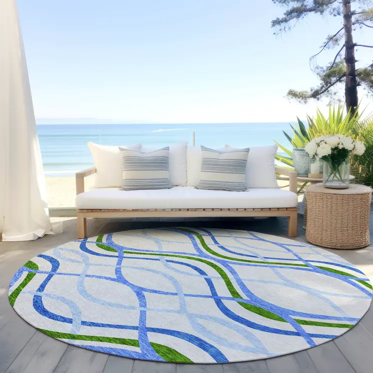 8' Sky Blue And Beige Round Abstract Washable Indoor Outdoor Area Rug
