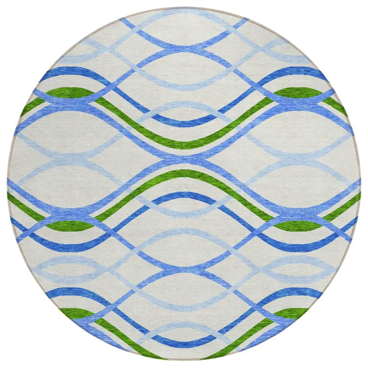 8' Sky Blue And Beige Round Abstract Washable Indoor Outdoor Area Rug