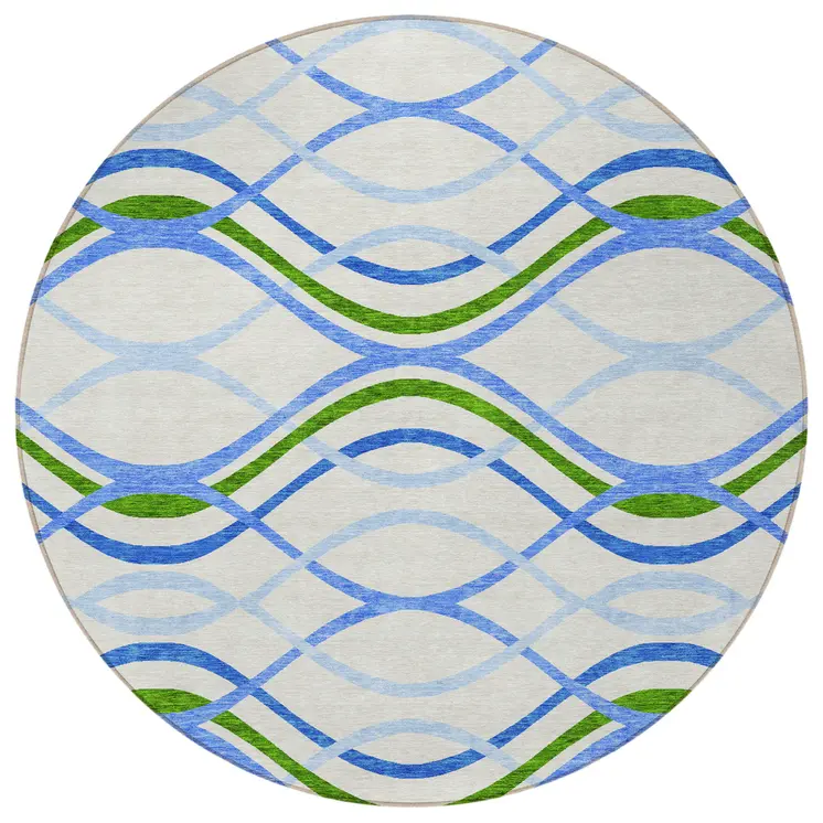 8' Sky Blue And Beige Round Abstract Washable Indoor Outdoor Area Rug