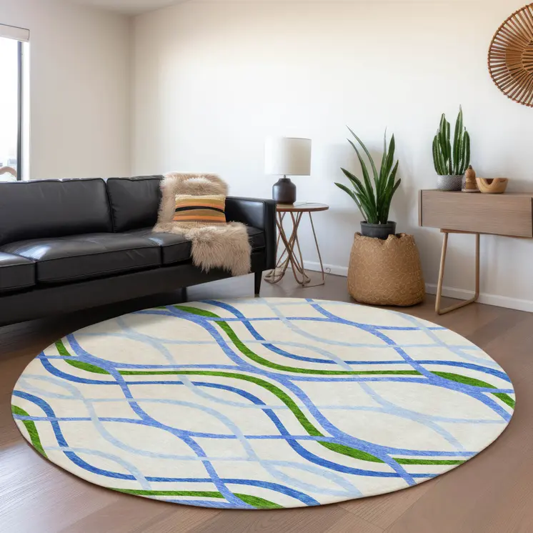 8' Sky Blue And Beige Round Abstract Washable Indoor Outdoor Area Rug