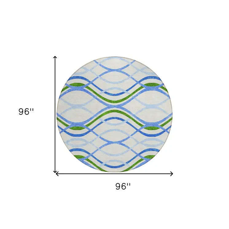 8' Sky Blue And Beige Round Abstract Washable Indoor Outdoor Area Rug