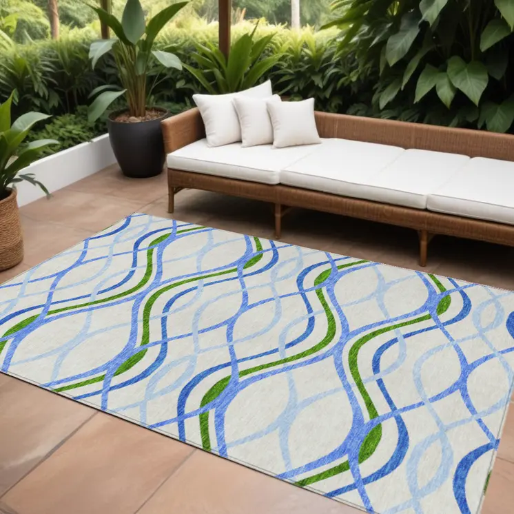 8' X 10' Sky Blue And Beige Abstract Washable Indoor Outdoor Area Rug
