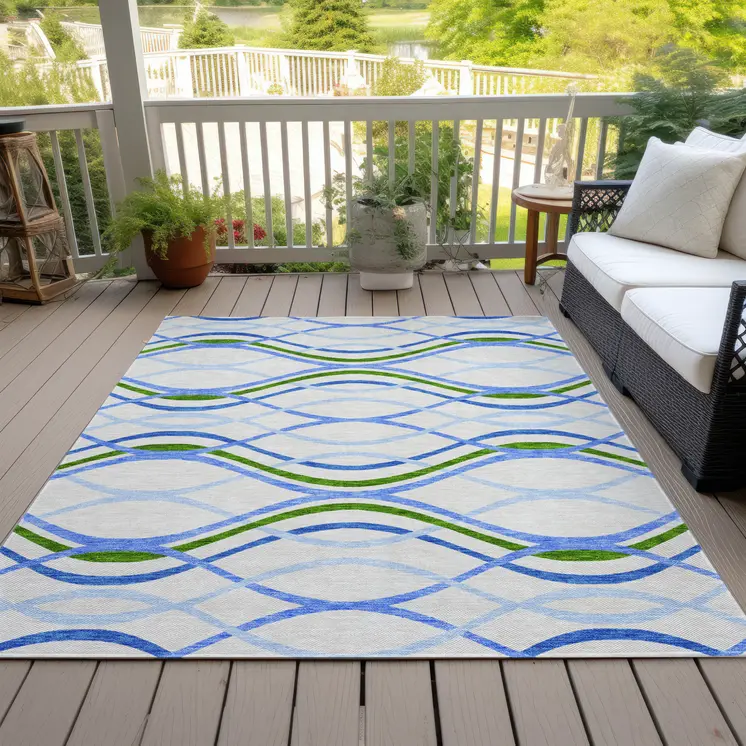 8' X 10' Sky Blue And Beige Abstract Washable Indoor Outdoor Area Rug