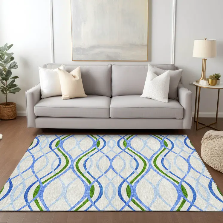 8' X 10' Sky Blue And Beige Abstract Washable Indoor Outdoor Area Rug