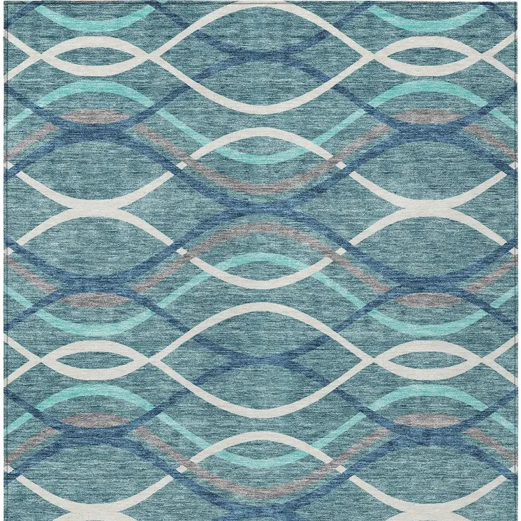 3' X 5' Teal Blue Navy Blue And Gray Abstract Washable Indoor Outdoor Area Rug