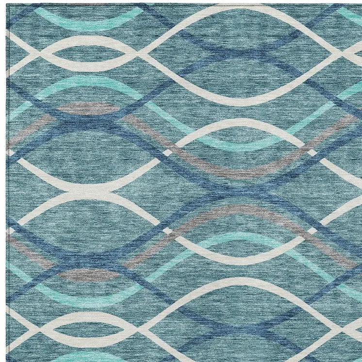 3' X 5' Teal Blue Navy Blue And Gray Abstract Washable Indoor Outdoor Area Rug
