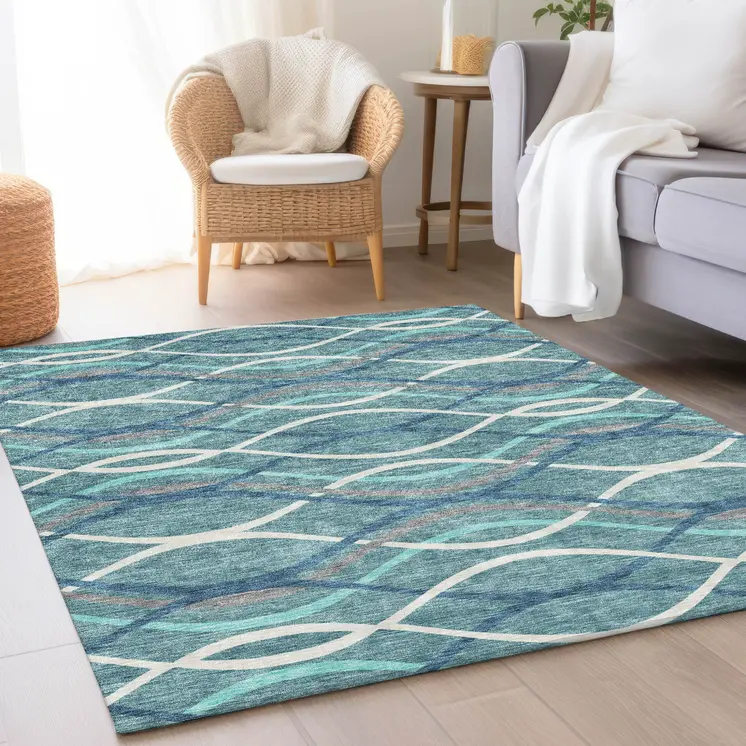 3' X 5' Teal Blue Navy Blue And Gray Abstract Washable Indoor Outdoor Area Rug