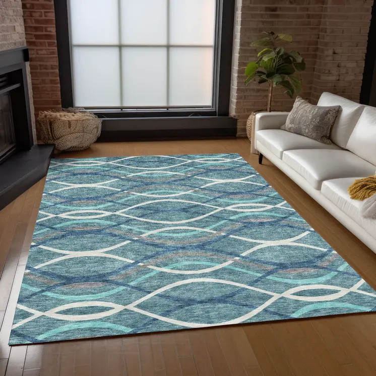 3' X 5' Teal Blue Navy Blue And Gray Abstract Washable Indoor Outdoor Area Rug