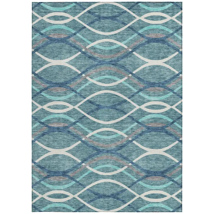 5' X 8' Teal Blue Navy Blue And Gray Abstract Washable Indoor Outdoor Area Rug