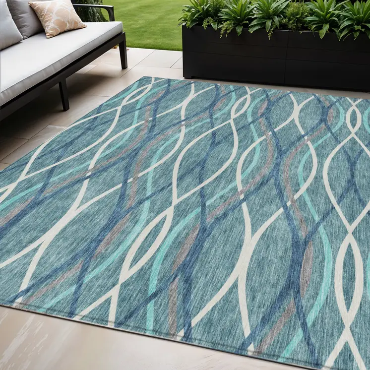 5' X 8' Teal Blue Navy Blue And Gray Abstract Washable Indoor Outdoor Area Rug