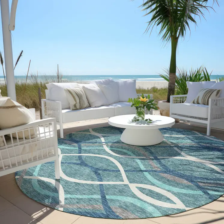 8' Teal Blue Navy Blue And Gray Round Abstract Washable Indoor Outdoor Area Rug