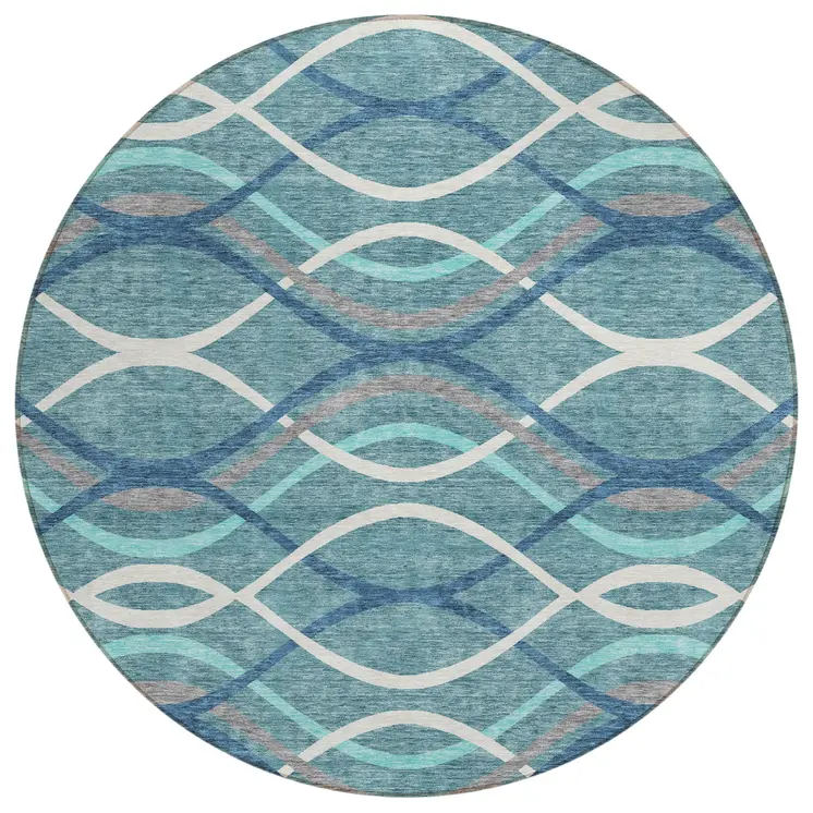 8' Teal Blue Navy Blue And Gray Round Abstract Washable Indoor Outdoor Area Rug