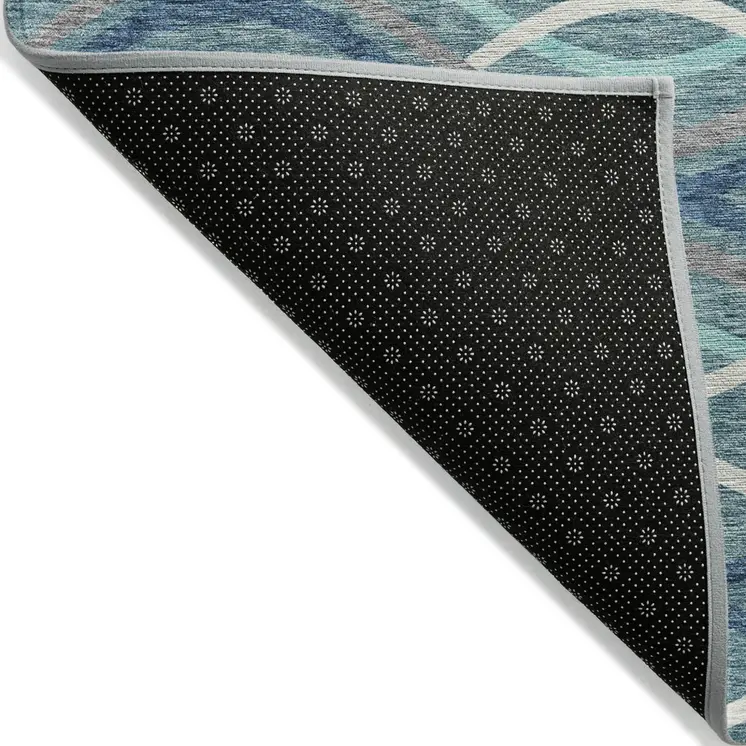 8' Teal Blue Navy Blue And Gray Round Abstract Washable Indoor Outdoor Area Rug