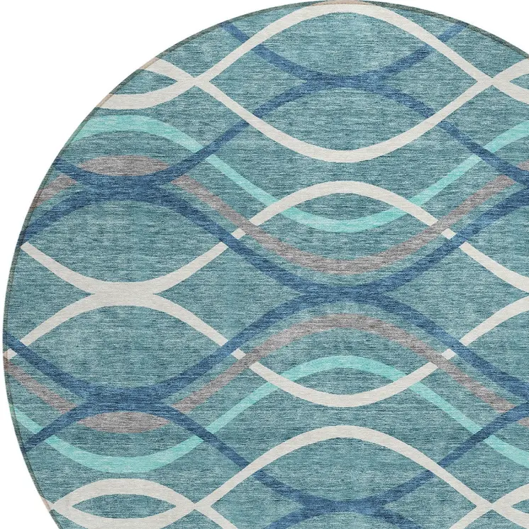 8' Teal Blue Navy Blue And Gray Round Abstract Washable Indoor Outdoor Area Rug
