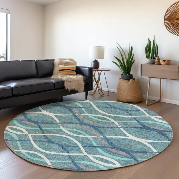 8' Teal Blue Navy Blue And Gray Round Abstract Washable Indoor Outdoor Area Rug