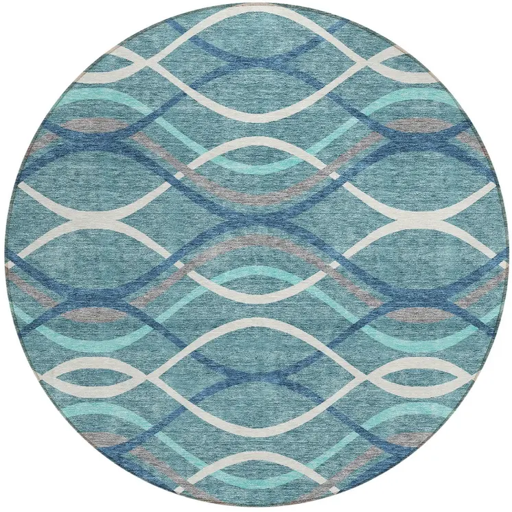 8' Teal Blue Navy Blue And Gray Round Abstract Washable Indoor Outdoor Area Rug