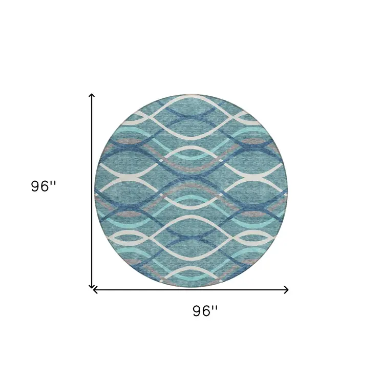 8' Teal Blue Navy Blue And Gray Round Abstract Washable Indoor Outdoor Area Rug