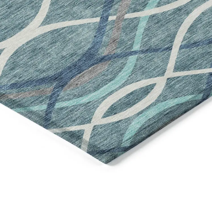 8' X 10' Teal Blue Navy Blue And Gray Abstract Washable Indoor Outdoor Area Rug