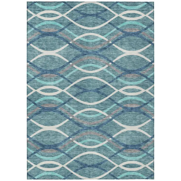 10' X 14' Teal Blue Navy Blue And Gray Abstract Washable Indoor Outdoor Area Rug