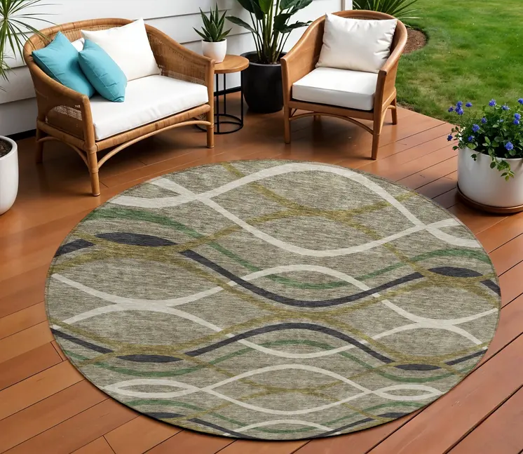 8' Taupe Beige And Charcoal Round Abstract Washable Indoor Outdoor Area Rug