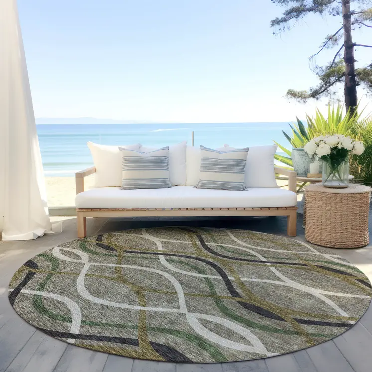 8' Taupe Beige And Charcoal Round Abstract Washable Indoor Outdoor Area Rug