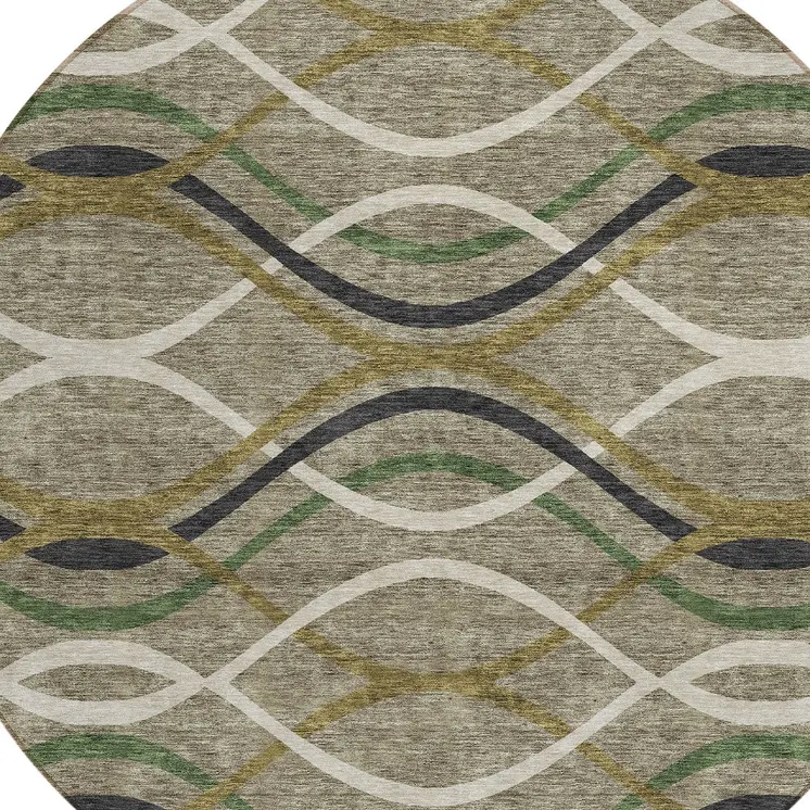 8' Taupe Beige And Charcoal Round Abstract Washable Indoor Outdoor Area Rug