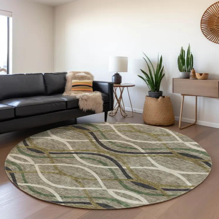 8' Taupe Beige And Charcoal Round Abstract Washable Indoor Outdoor Area Rug