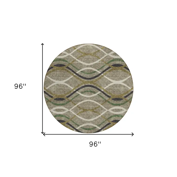 8' Taupe Beige And Charcoal Round Abstract Washable Indoor Outdoor Area Rug