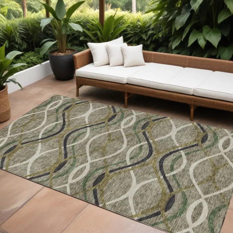 8' X 10' Taupe Beige And Charcoal Abstract Washable Indoor Outdoor Area Rug