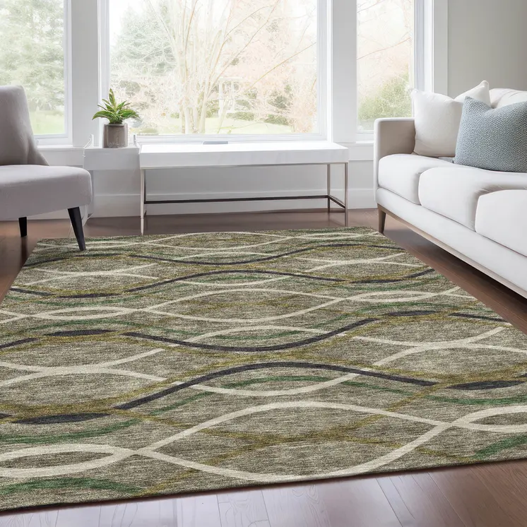 8' X 10' Taupe Beige And Charcoal Abstract Washable Indoor Outdoor Area Rug
