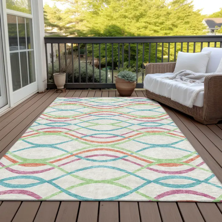 5' X 8' White Teal Blue And Lime Green Abstract Washable Indoor Outdoor Area Rug