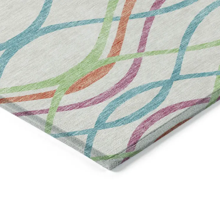 5' X 8' White Teal Blue And Lime Green Abstract Washable Indoor Outdoor Area Rug