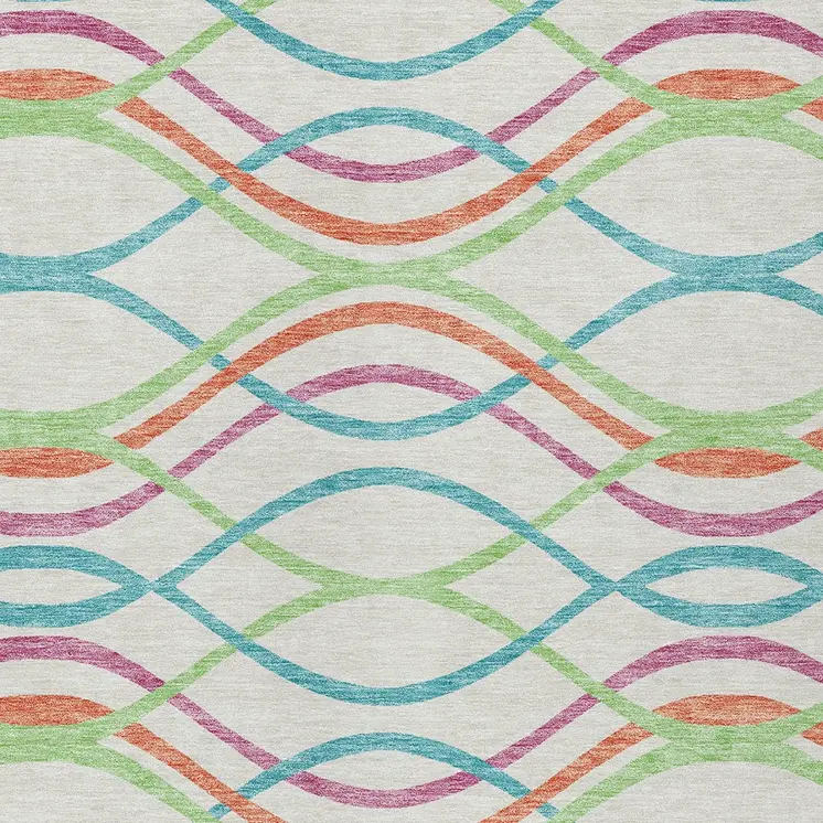 5' X 8' White Teal Blue And Lime Green Abstract Washable Indoor Outdoor Area Rug
