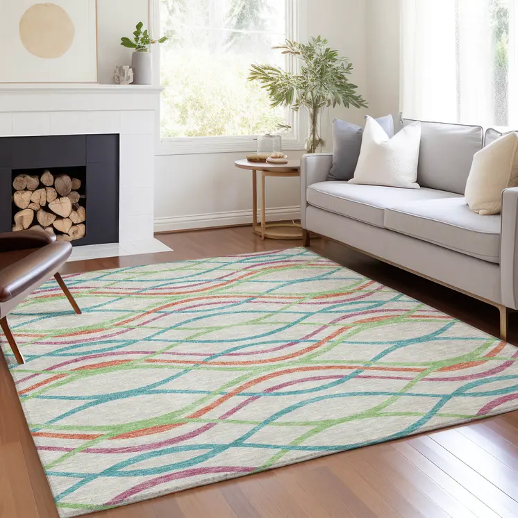 5' X 8' White Teal Blue And Lime Green Abstract Washable Indoor Outdoor Area Rug