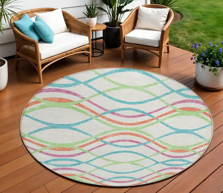 8' White Teal Blue And Lime Green Round Abstract Washable Indoor Outdoor Area Rug