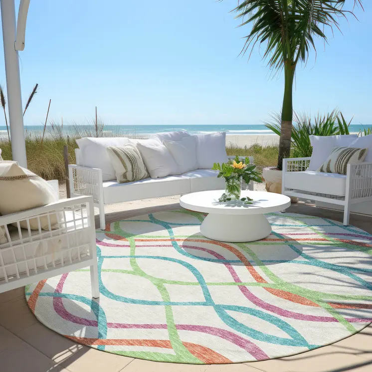 8' White Teal Blue And Lime Green Round Abstract Washable Indoor Outdoor Area Rug