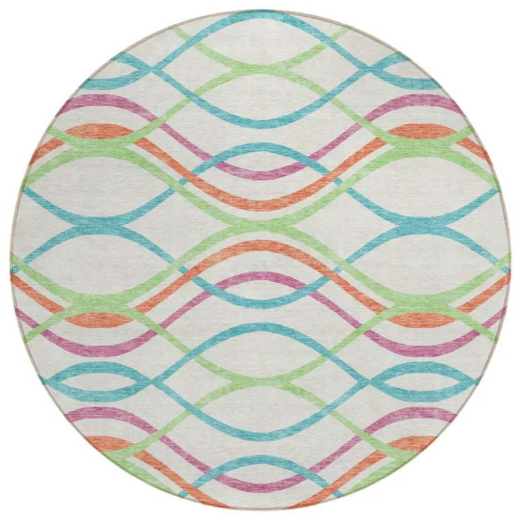 8' White Teal Blue And Lime Green Round Abstract Washable Indoor Outdoor Area Rug
