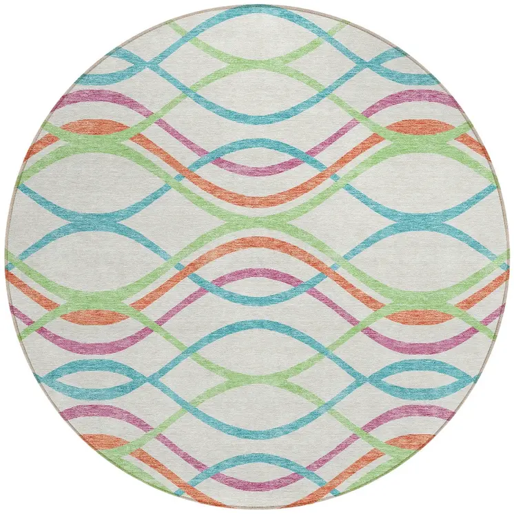 8' White Teal Blue And Lime Green Round Abstract Washable Indoor Outdoor Area Rug